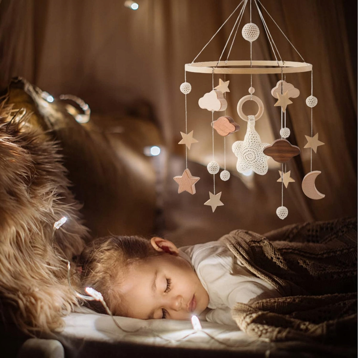 SWECOMZE Spieluhr für Babybett Holz Stoff BOHO