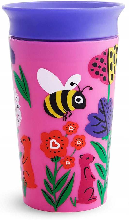 MUNCHKIN WildLove KUBEK NIEKAPEK ustnik 360° PSZCZOŁA 1 sztuka, różowo-fioletowy kubek niekapek 266 ml dla dzieci