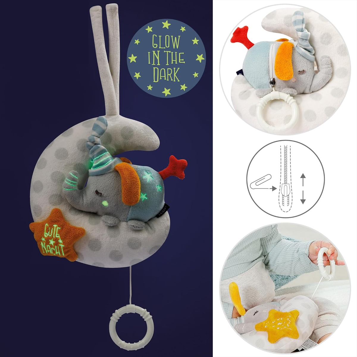FEHN Leucht-Spieluhr-Anhänger für Kinderwagen und Bettchen ELEFANT AM MOND
