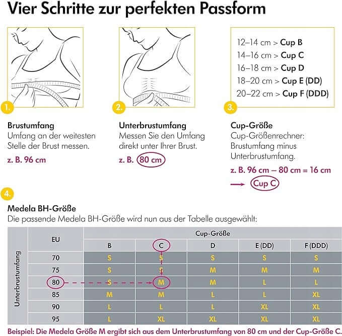 Medela 3w1 biustonosz do karmienia i odciągania XL, tabela doboru rozmiaru z instrukcją pomiaru i dopasowania
