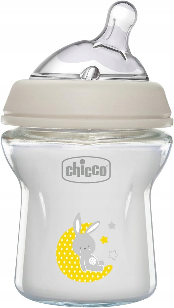CHICCO butelka NaturalFeeling 150ml SZKŁO, antykolkowa butelka z silikonowym smoczkiem