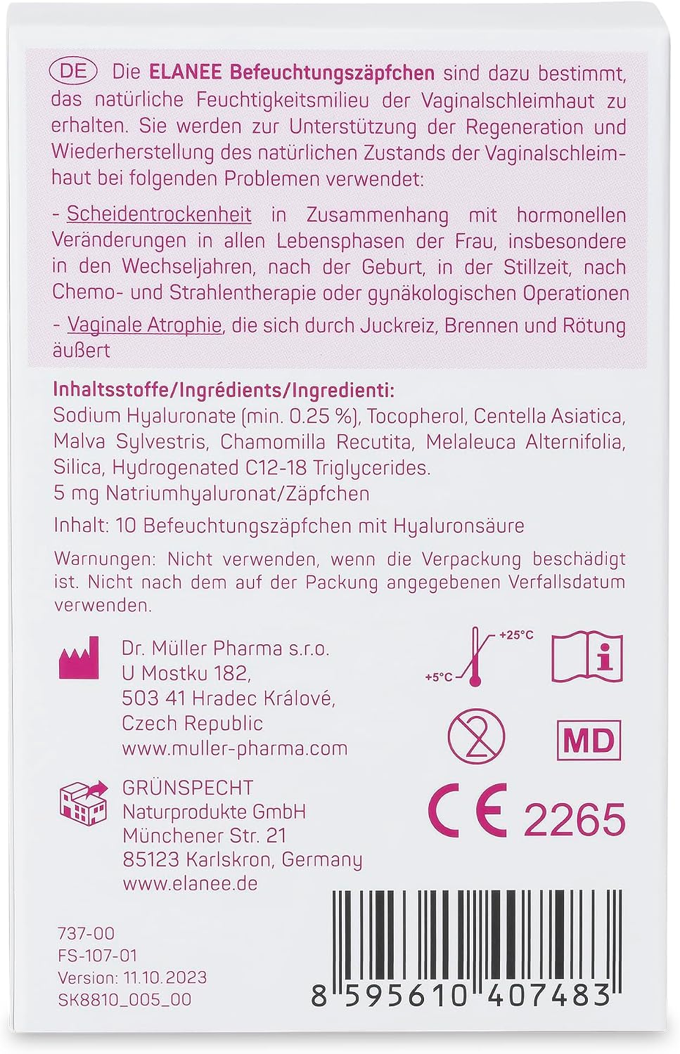 ELANEE feuchtigkeitsspendende Vaginalzäpfchen ohne Hormone x10