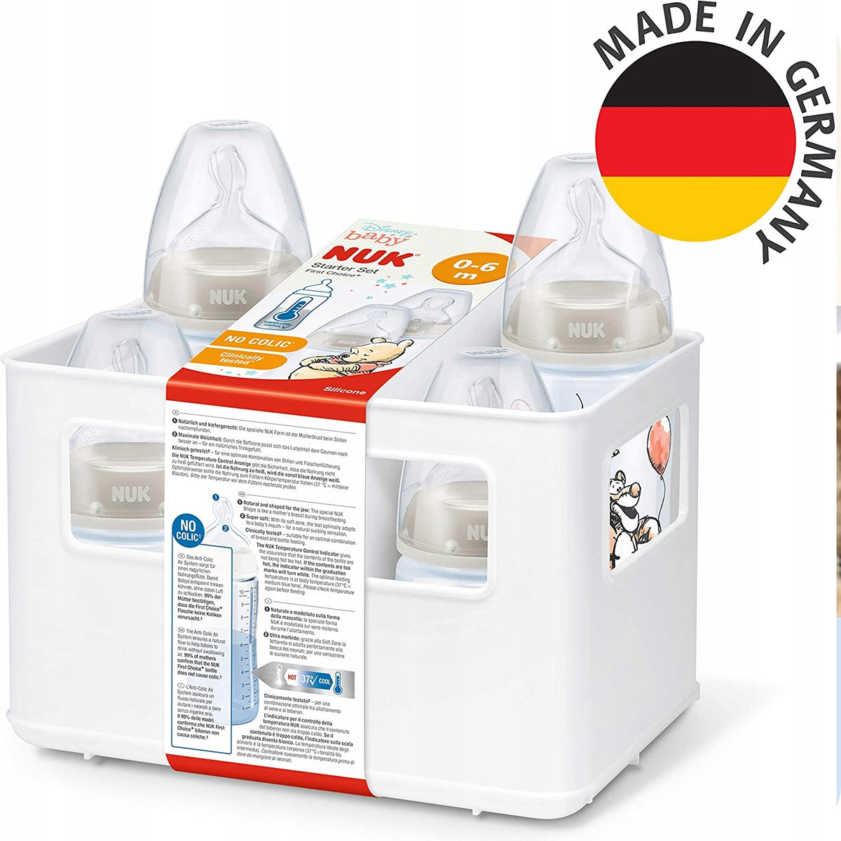 NUK Disney zestaw butelki koszyk KONTROLA TEMP z 4 butelkami i koszykiem, Made in Germany