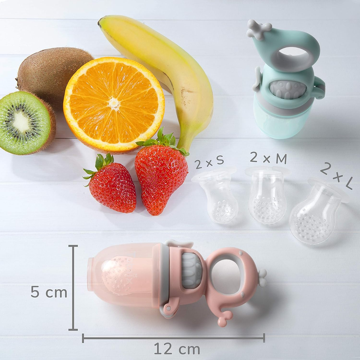 TABRIX Beißring-Futterautomat für Obst für Kinder 3 m+ 2 Stück 6 Mundstücke
