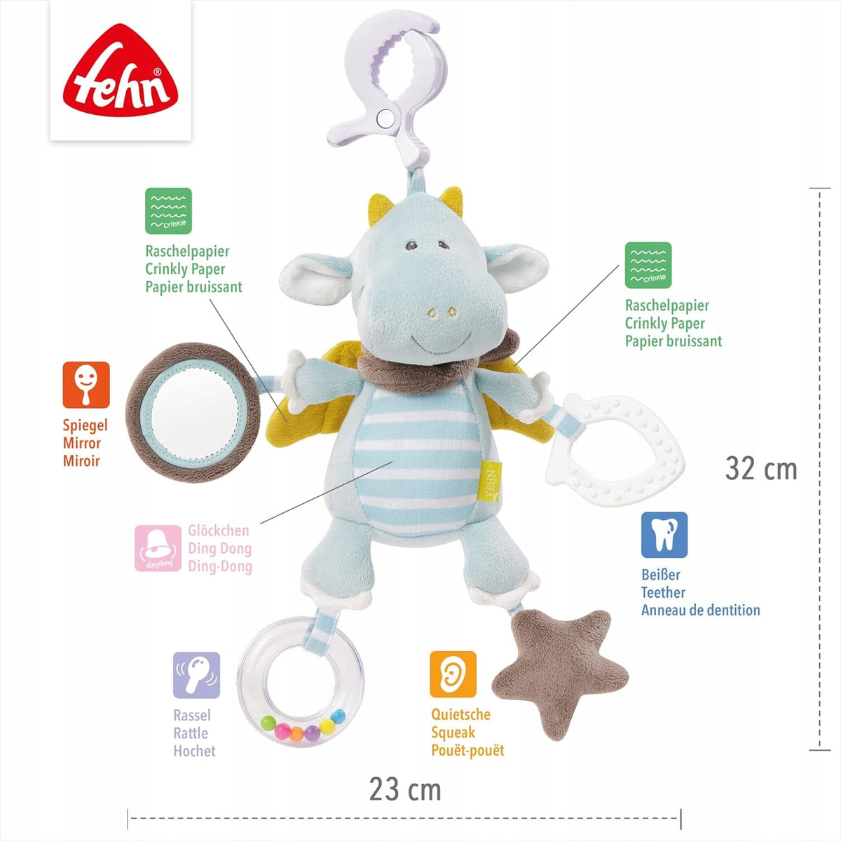 FEHN zawieszka z grzechotką SMOK 32x23 cm, wielokolorowa zabawka sensoryczna z lusterkiem, gryzakiem i szeleszczącymi elementami