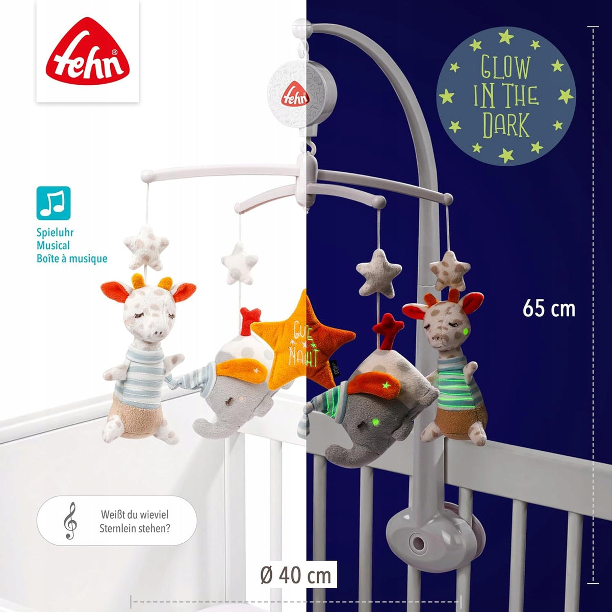 FEHN Dobranoc KARUZELA do łóżeczka ŚWIECĄCA W CIEMNOŚCI, muzyczna karuzela z pluszowymi zwierzątkami 65 cm