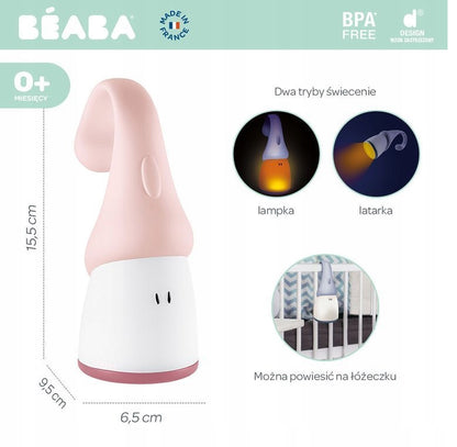 BEABA Pixie 2w1 latarka przenośna lampka nocna LED, różowa, 0+, 15,5 cm, BPA free, z dwoma trybami świecenia