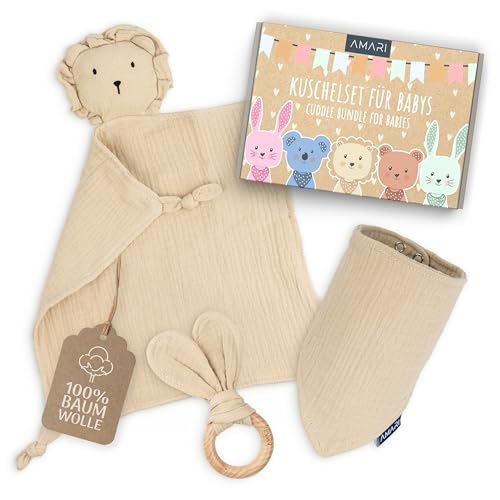 Amari Löwe Set: Kuscheltier, Beißring und Lätzchen