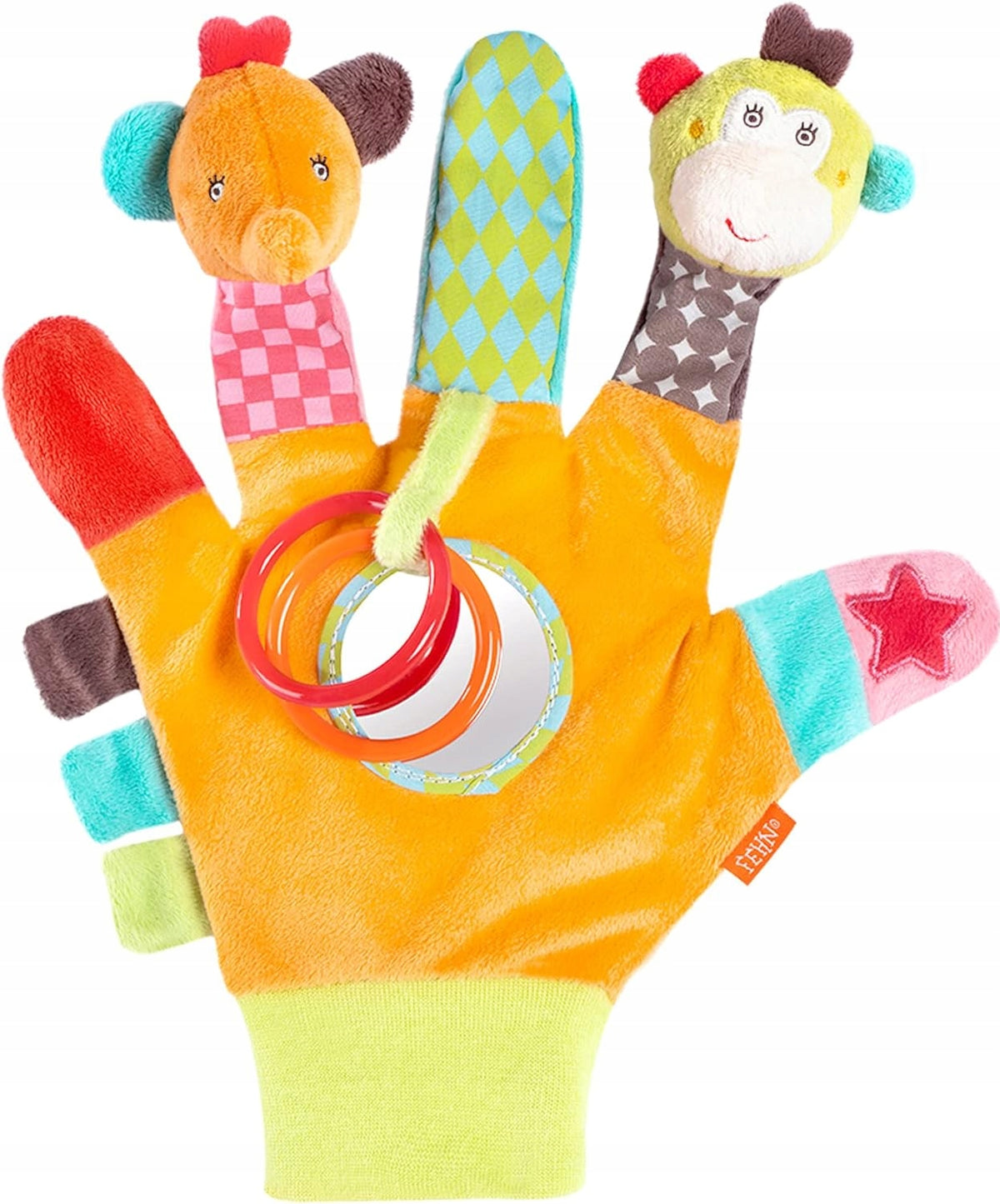 FEHN Safari hand puppet with a rattle, grabber and mirror