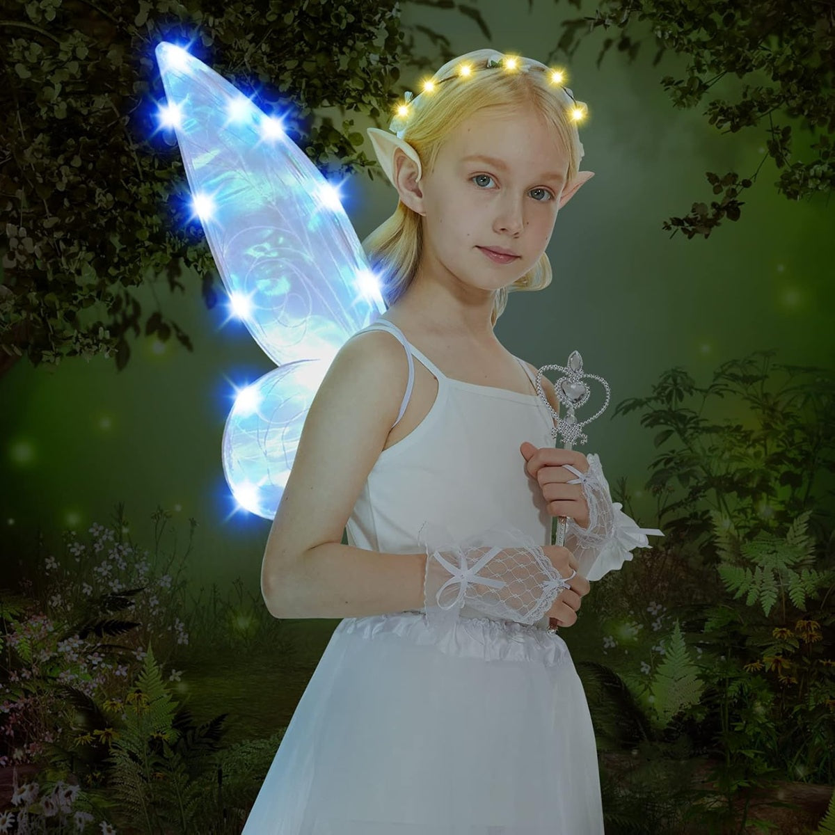 FORMIZON Feenflügel mit LEDs + Zauberstab, Kranz, Ohren, 46 x 65 cm