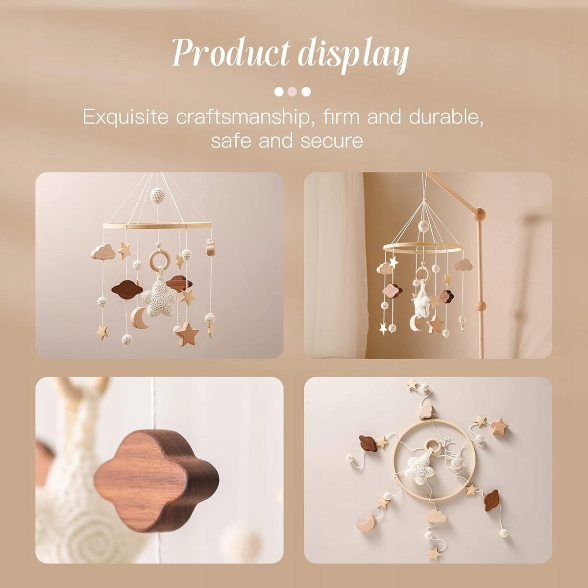 SWECOMZE Spieluhr für Babybett Holz Stoff BOHO