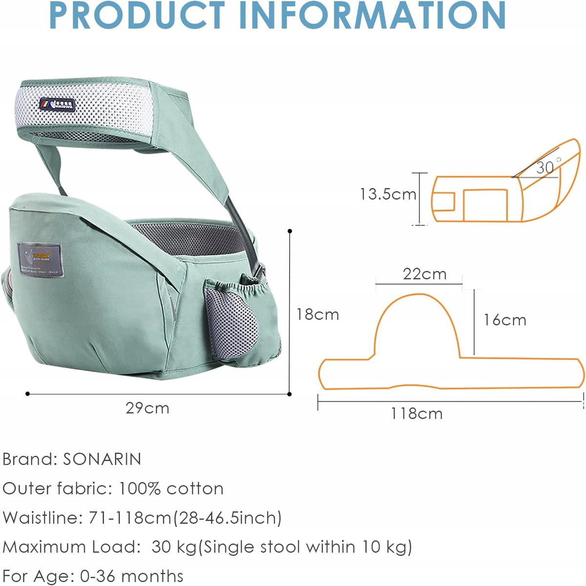 SONARIN fotelik nosidełko biodrowe 0-36msc, zielone, 0-30 kg, dla dzieci 0-36 miesięcy