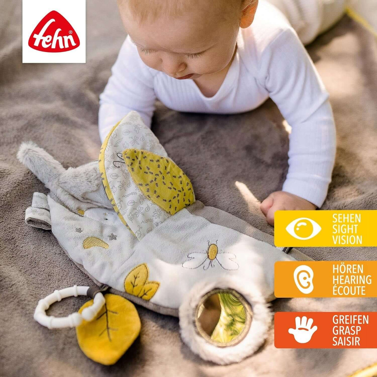Fehn Australia książeczka sensoryczna z zawieszką, szara zabawka dla niemowląt z elementami do chwytania i słuchania