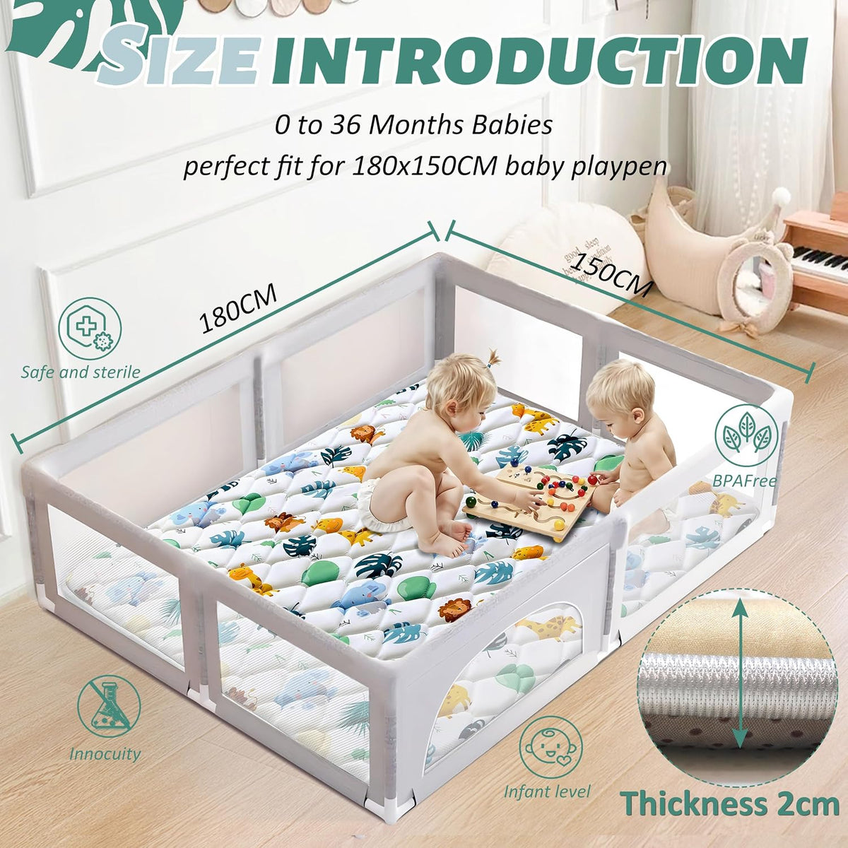 Spielmatte für Babys, rutschfeste Unterseite, 180x150