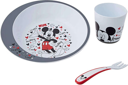 NUK Disney zestaw naczyń 3el. MYSZKA MICKEY talerz, kubek i widelec do nauki jedzenia dla dzieci 9m+