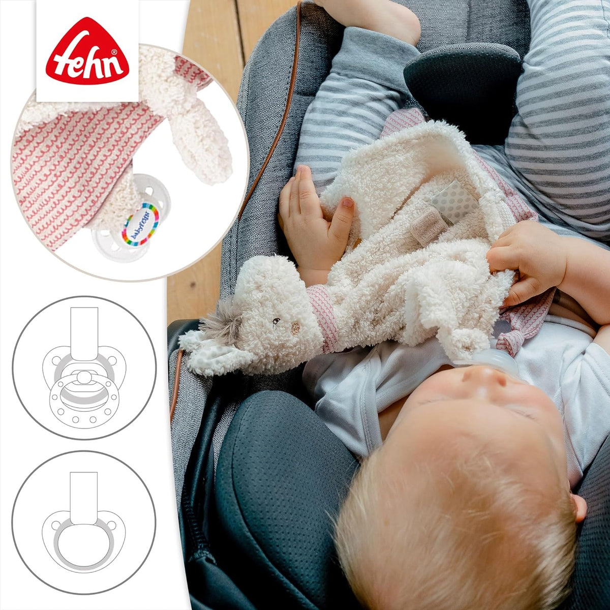 FEHN Peru kocyk do przytulania LAMA 34cm z pierścieniem na smoczek dla niemowląt 0+