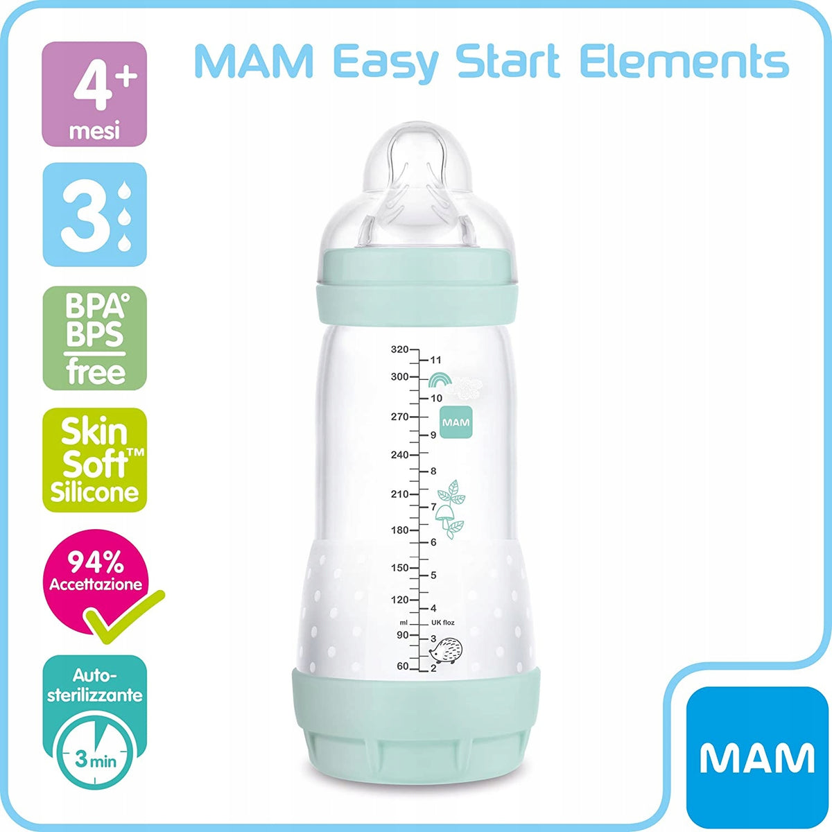 MAM Easy Start butelka antykolkowa 320ML, butelka dla niemowląt 4+ miesiące, BPA free, silikon Skin Soft, 3 min sterylizacja