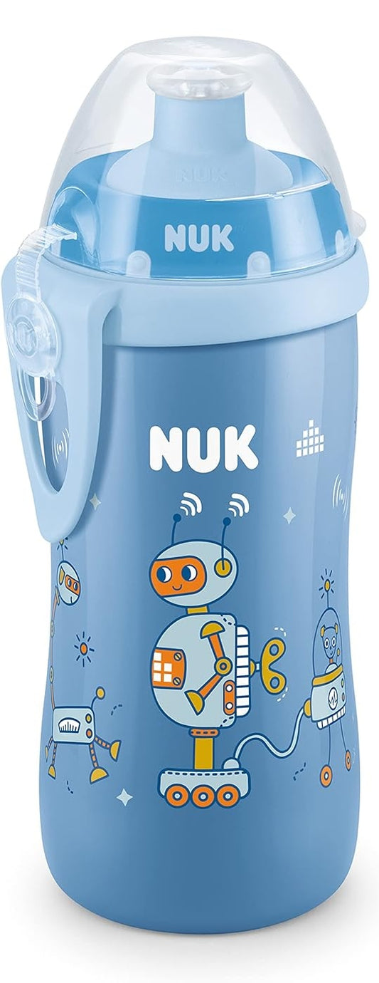 NUK Junior Cup BUTELKA 18 m+ ustnik push-pull 300 ml niebieska butelka dla dzieci z motywem robotów