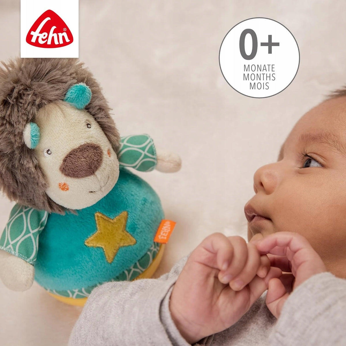 FEHN Funky Friend wańka WSTAŃKA 18cm grzechotka LEW dla niemowląt 0+, kolorowy lew z funkcją stania i dzwoneczkami