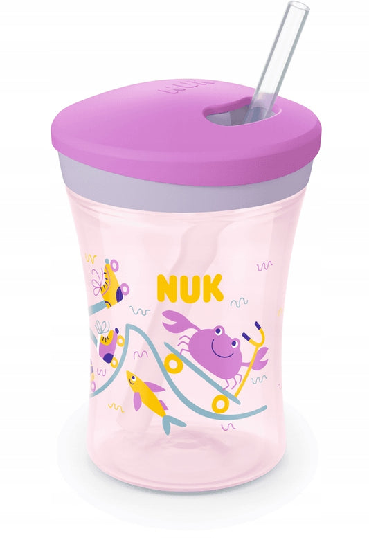 NUK Action Cup KUBEK NIEKAPEK 230 ml 12 m+ różowy kubek niekapek ze słomką dla dziecka