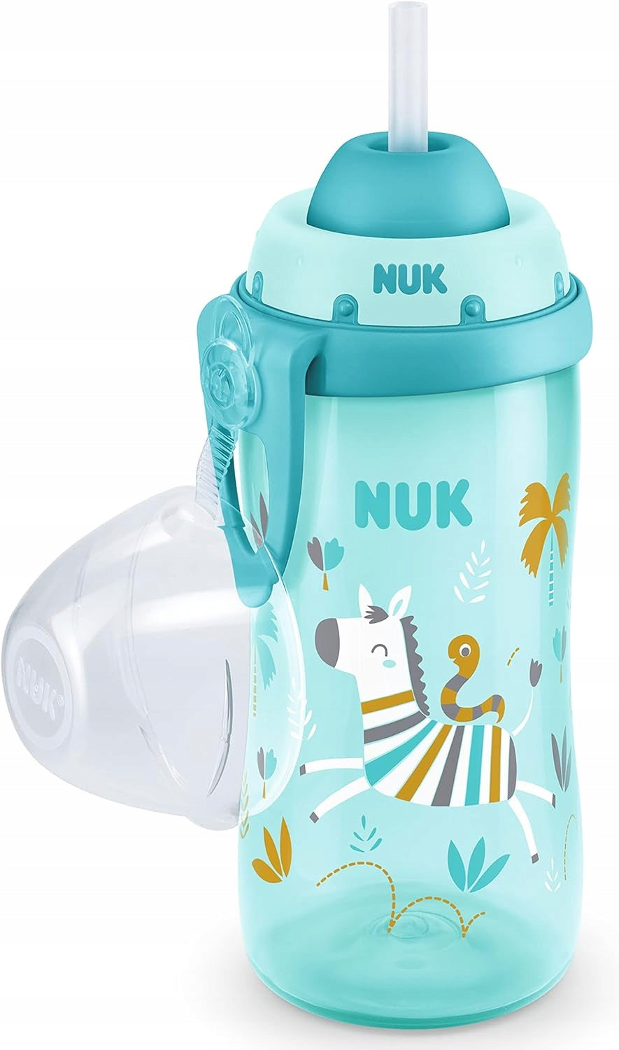 NUK Flexi Cup BUTELKA ze słomką 300 ml efekt kameleona, niebieska butelka z pokrywką i uchwytem