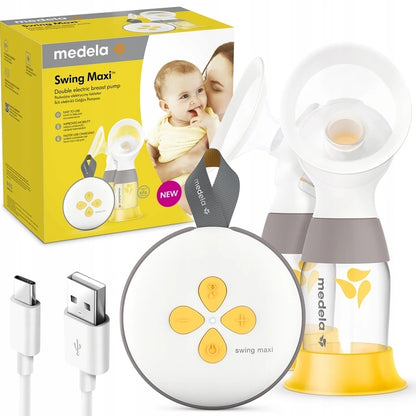 MEDELA Swing Maxi podwójny laktator 2-fazowy U, elektryczny laktator Medela biało-żółty z akcesoriami