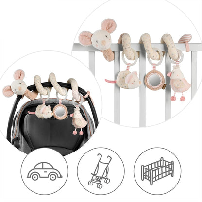 FEHN Spirale Anhänger für Kinderwagen, Bettchen, Babyschale, MAUS 35 cm, leuchtende Stickerei