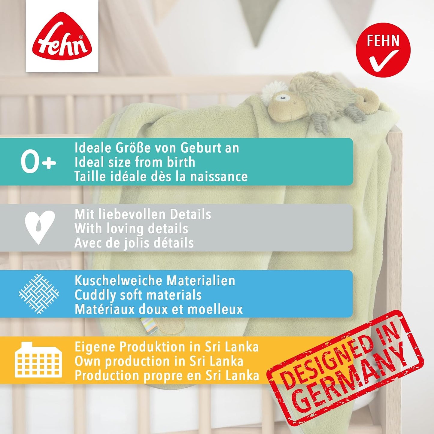 FEHN Mały Zamek koc dla niemowląt 75x100 cm z grzechotką