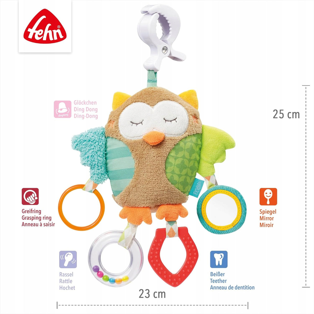 FEHN Śpiący Las zawieszka z grzechotką i chwytakiem do wózka, fotelika, sowa z lusterkiem i gryzakiem