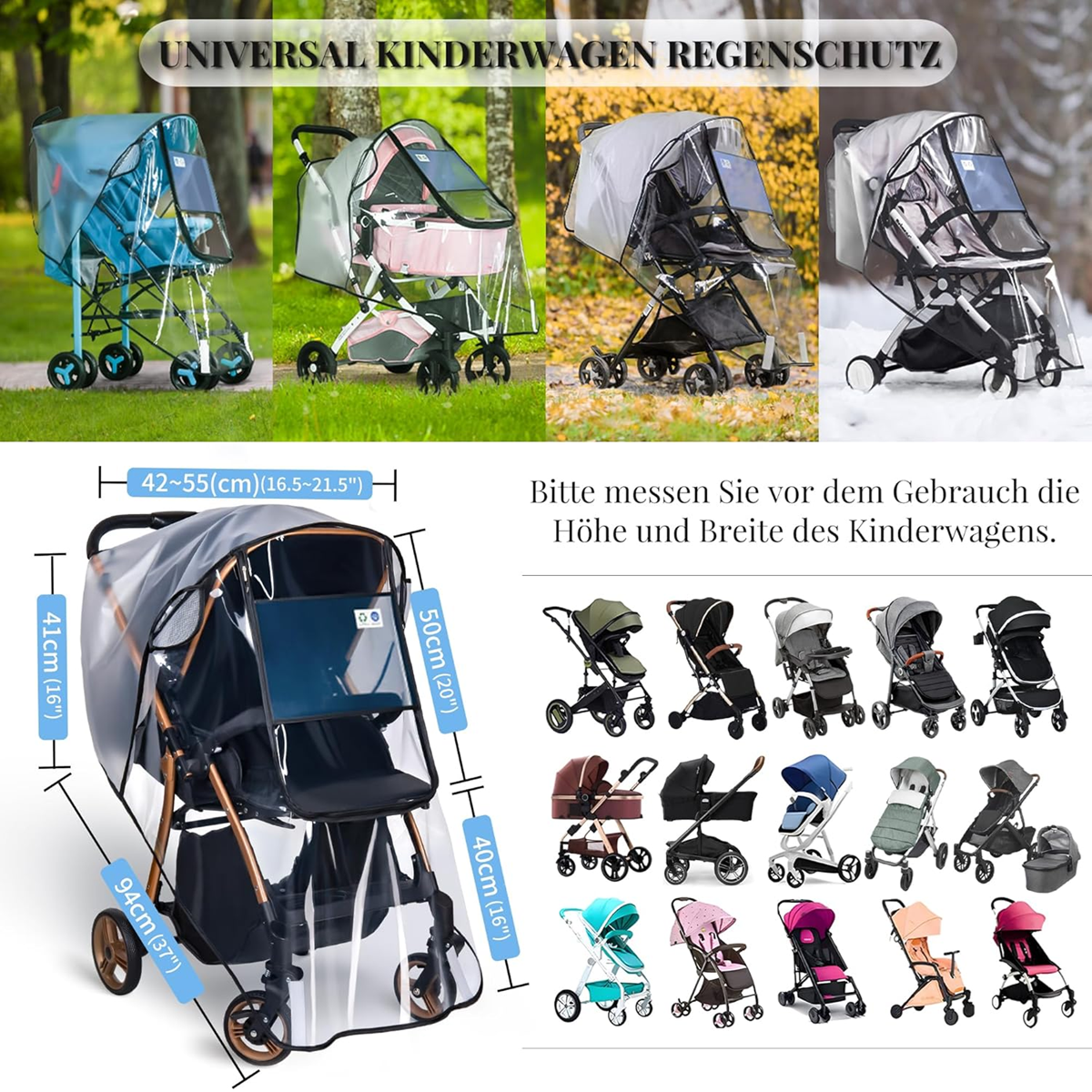 BEMECE Regenschutzfolie für Kinderwagen, universell, mit Fenster