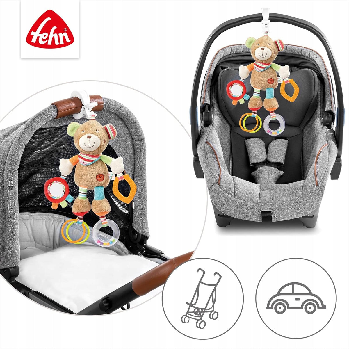 FEHN OSKAR Greifling mit Rassel und Beißring für Kinderwagen, Babyschale