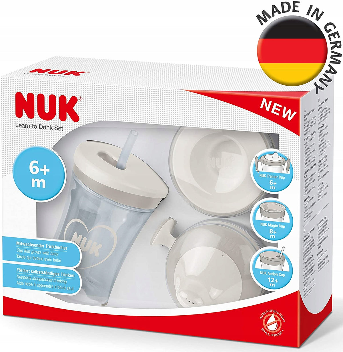NUK zestaw do nauki picia kubek + 3 ustniki, biało-szary, 6m/8m/12m, 230 ml, szczelny, BPA free