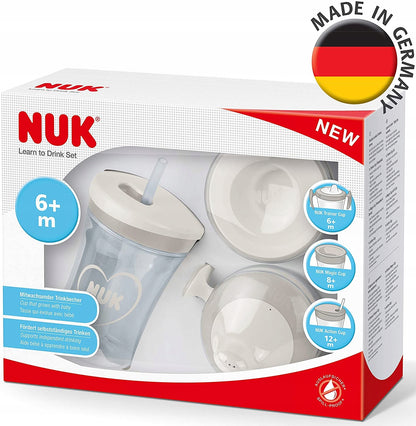 NUK zestaw do nauki picia kubek + 3 ustniki, biało-szary, 6m/8m/12m, 230 ml, szczelny, BPA free