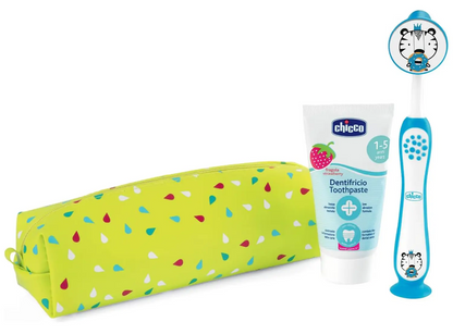 CHICCO Zahnbürsten-Set mit Saugnapf und Erdbeerzahnpasta + Etui