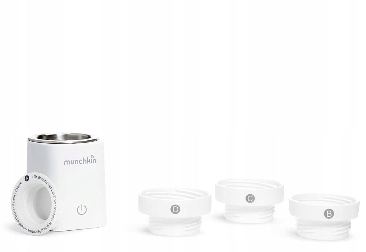 MUNCHKIN 37° cyfrowy podgrzewacz do butelek biały zasilany sieciowo z adapterami do butelek