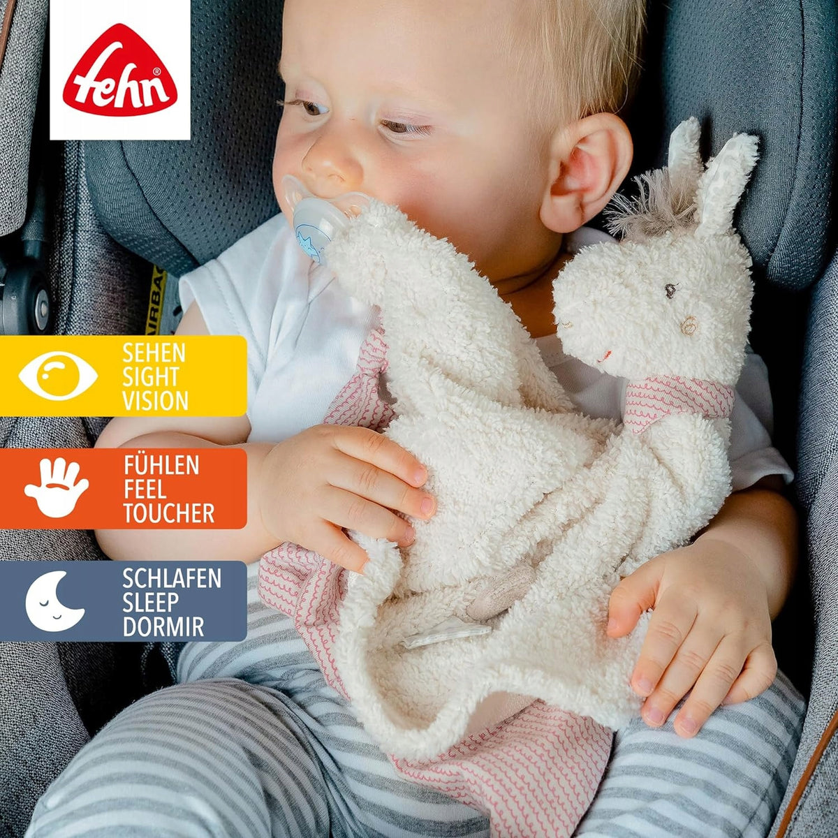FEHN Peru kocyk do przytulania LAMA 34cm, miękki kocyk dla niemowlaka z pierścieniem na smoczek