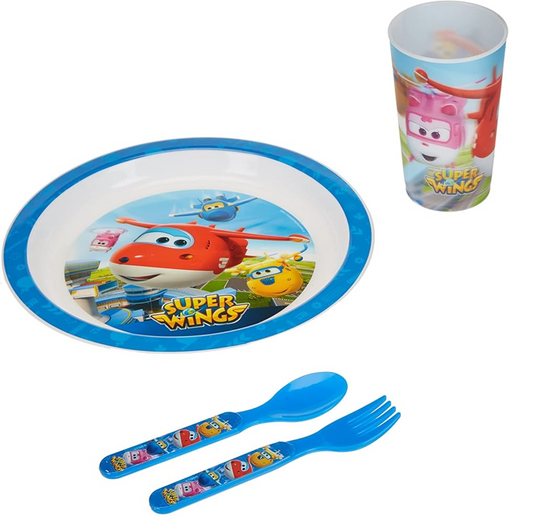 OLED Super Wings snídaňová sada talíř pohár příbor 3 roky+
