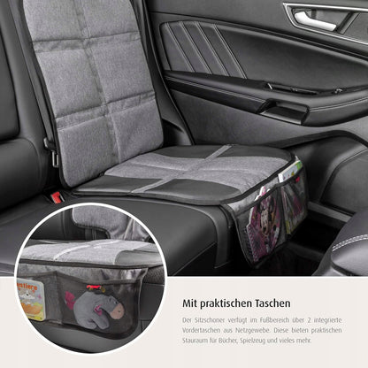 REER TravelKid MaxiProtect podkładka pod fotelik samochodowy czarno-szara z kieszeniami, chroni siedzenie i tapicerkę