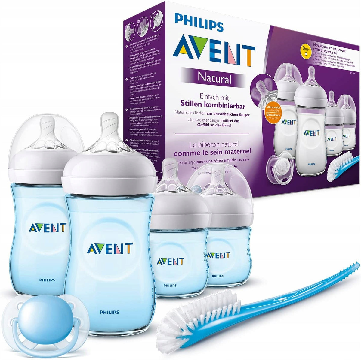 PHILIPS AVENT SCD301/04 zestaw dla noworodków: 4 butelki, smoczek, szczotka i niebieski zestaw antykolkowy