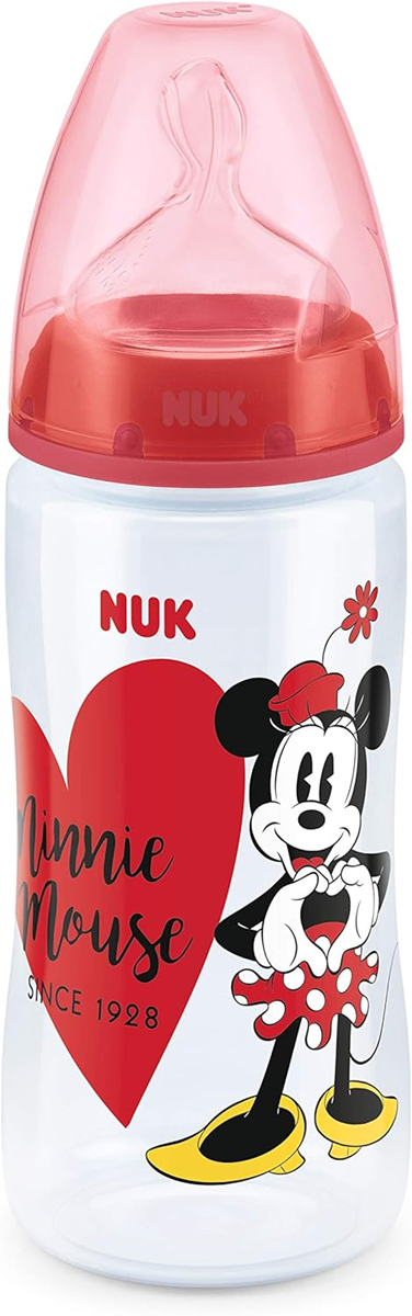 Butelka z czerwoną nakrętką i osłoną oraz ilustracją Myszki Minnie i czerwonym sercem.