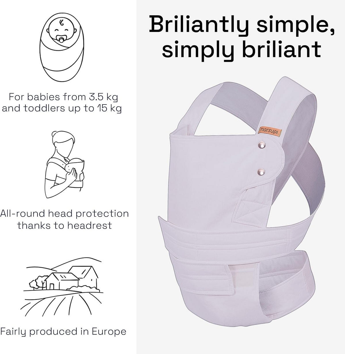 MARSUPI 2.0 nosidełko ergonomiczne S/M 3,5 - 15 kg, miękkie nosidło z podparciem główki dla niemowląt