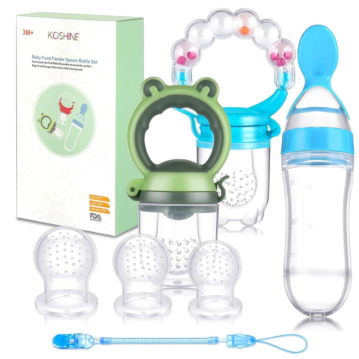 KOSHINE Obst-Sauger 2 Stück 5 Mundstücke + 125 ml Löffel und Kette