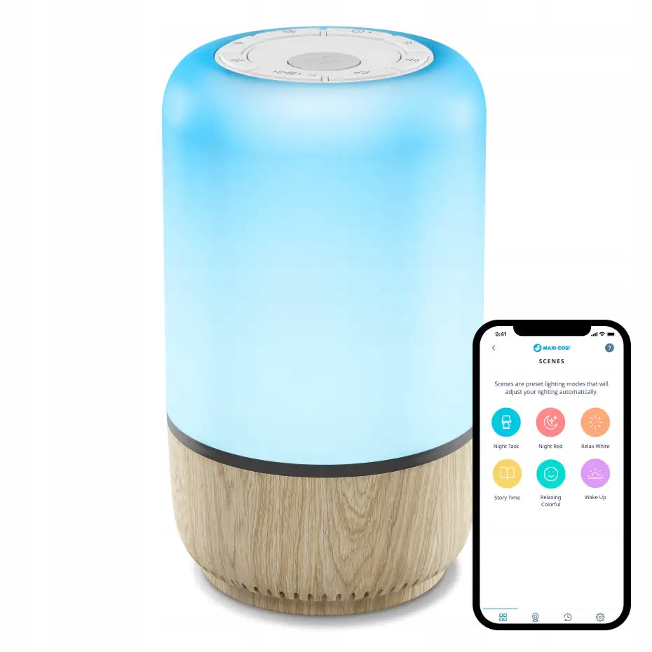 MAXI-COSI Soothe lampka nocna LED z głośnikiem aplikacja Connected Home, biało-brązowa