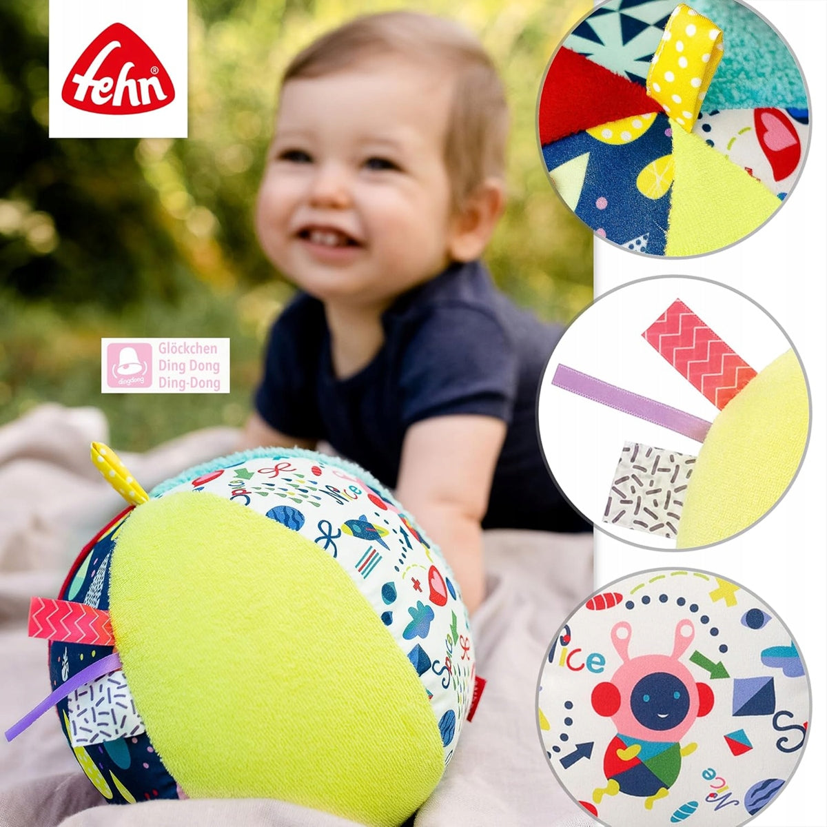 FEHN Color piłka materiałowa z dźwiękiem 16cm, kolorowa piłka sensoryczna dla niemowląt