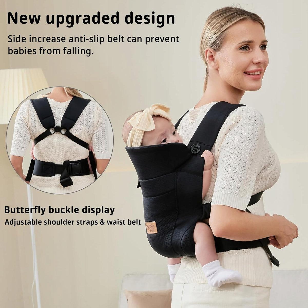VRBABIES nosidełko ergonomiczne czarne z regulowanymi paskami i pasem biodrowym, bezpieczne noszenie dziecka