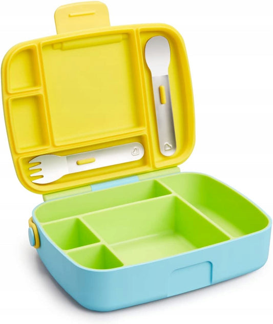 MUNCHKIN Bento Box śniadaniówka + sztućce, 5 komór, niebiesko-zielono-żółta, z uchwytem i antypoślizgową podstawą