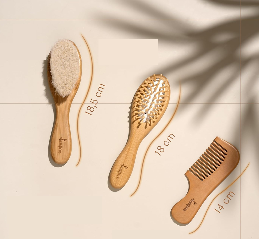 LAMPOX Holzkamm-Set für die Babypflege, 2 Bürsten und 1 Kamm