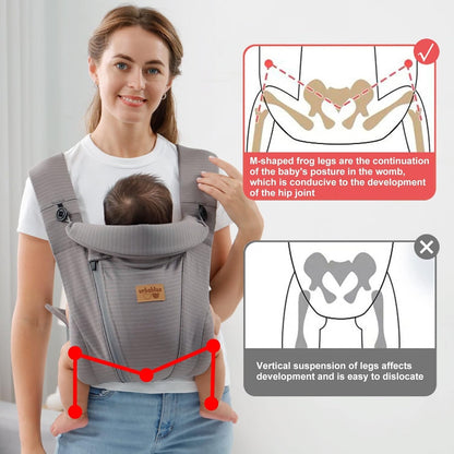 VRBABIES nosidełko ergonomiczne szare, prawidłowa pozycja M dziecka i wsparcie bioder
