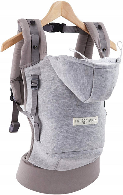 LOVE RADIUS nosidełko ergonomiczne z kapturem HOODIE CARRIER, szare, fizjologiczne nosidełko dla dziecka