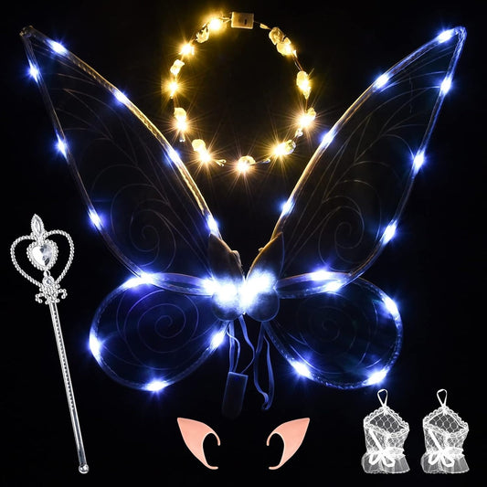 FORMIZON Feenflügel mit LEDs + Zauberstab, Kranz, Ohren, 46 x 65 cm